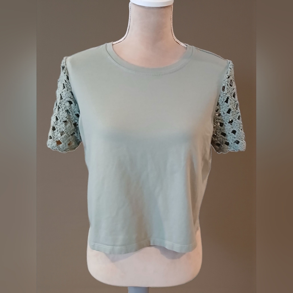 Joie Sage Green Cropped Tshirt Crochet Sleeves Mint Small Beachy Summer